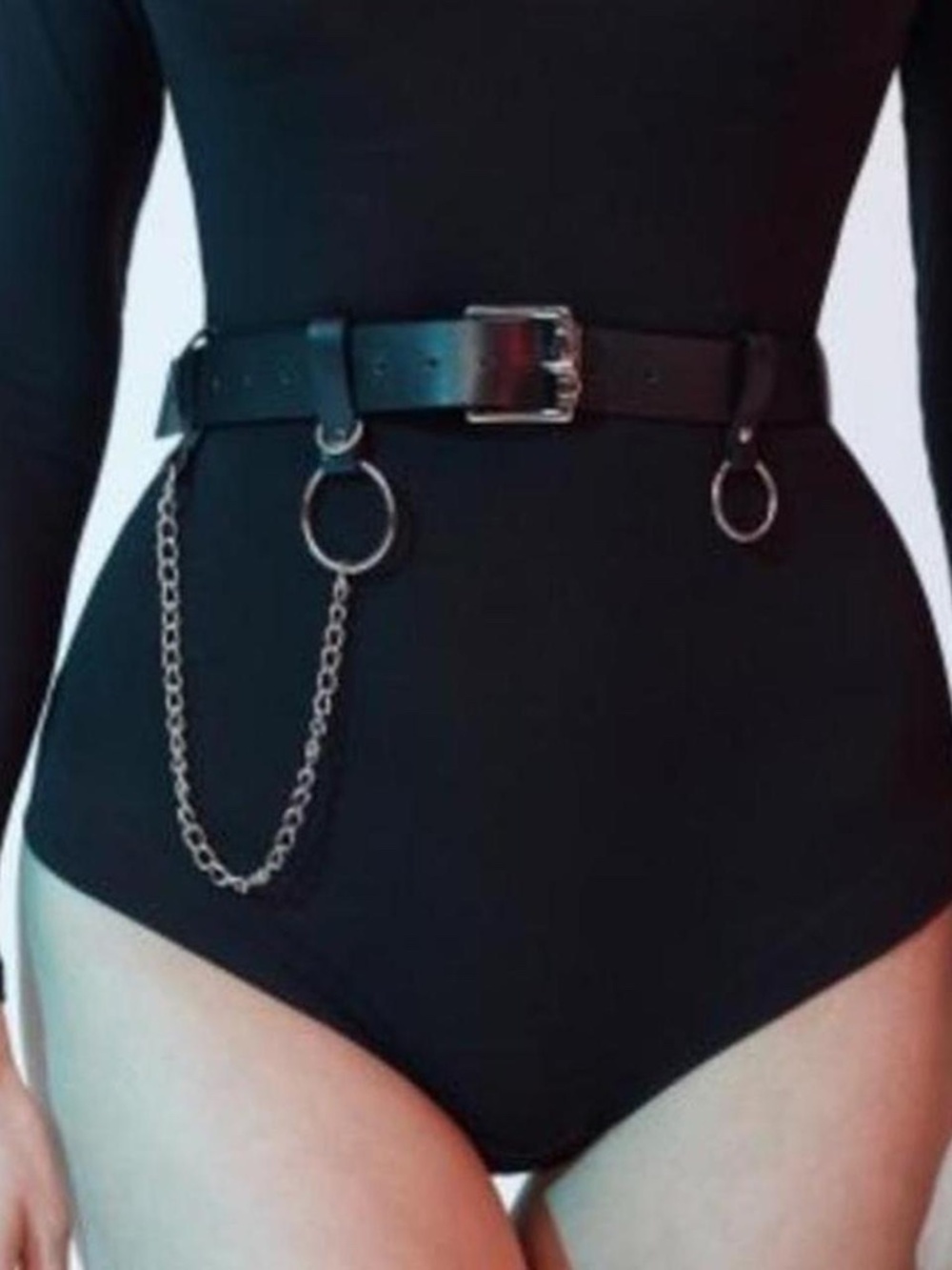 Black leather belt with small ring and chain